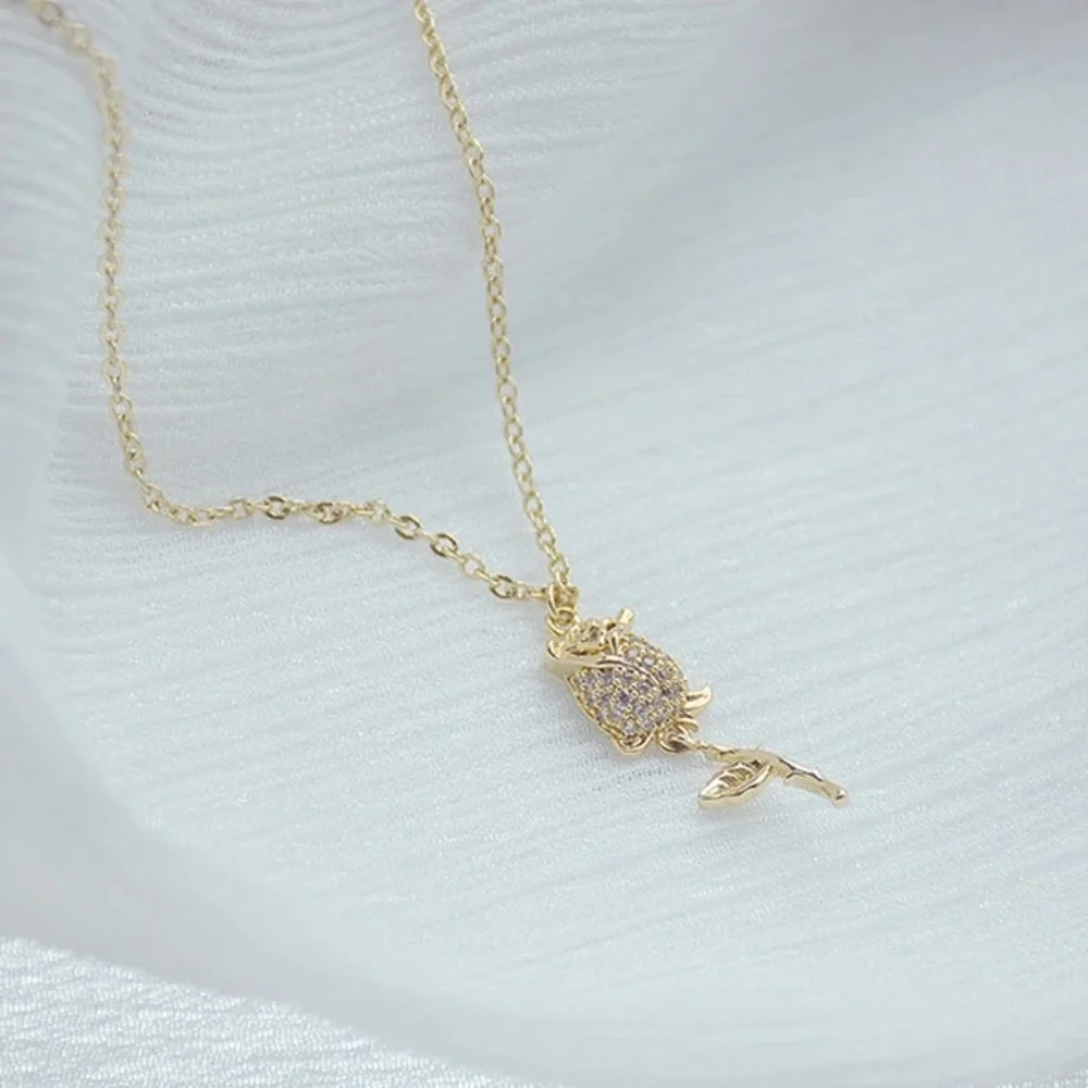 💎 NEW 14K Gold Plated Diamond Rose Flower Necklace & Earrings Set